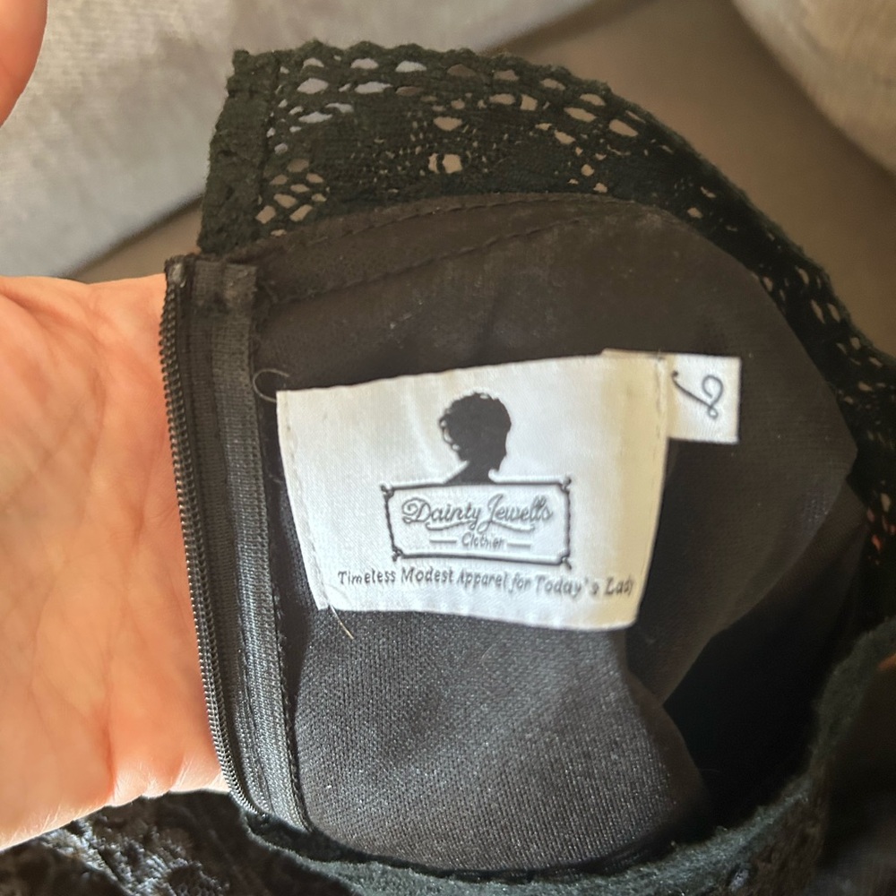 Lovely black dresss with black lace from Dainty Jewels, modest dress.